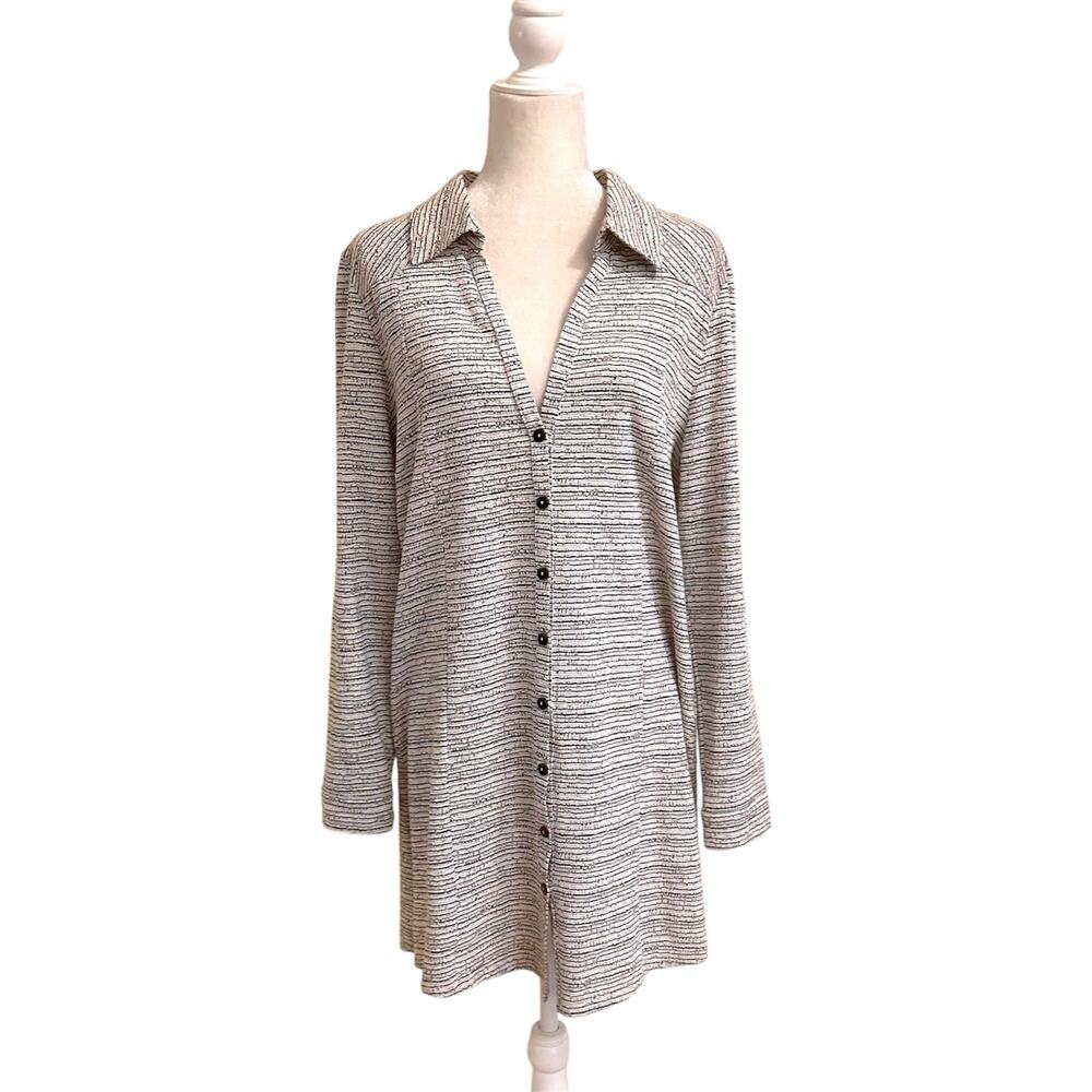Kozan Textured Stipe Button Down Tunic Shirt Dress Side Slit Medium Lagenlook